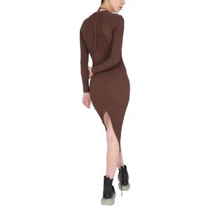 ANDREADAMO Ribbed Knit Long Sleeve Dress with Asymmetrical Slit Women BROWN